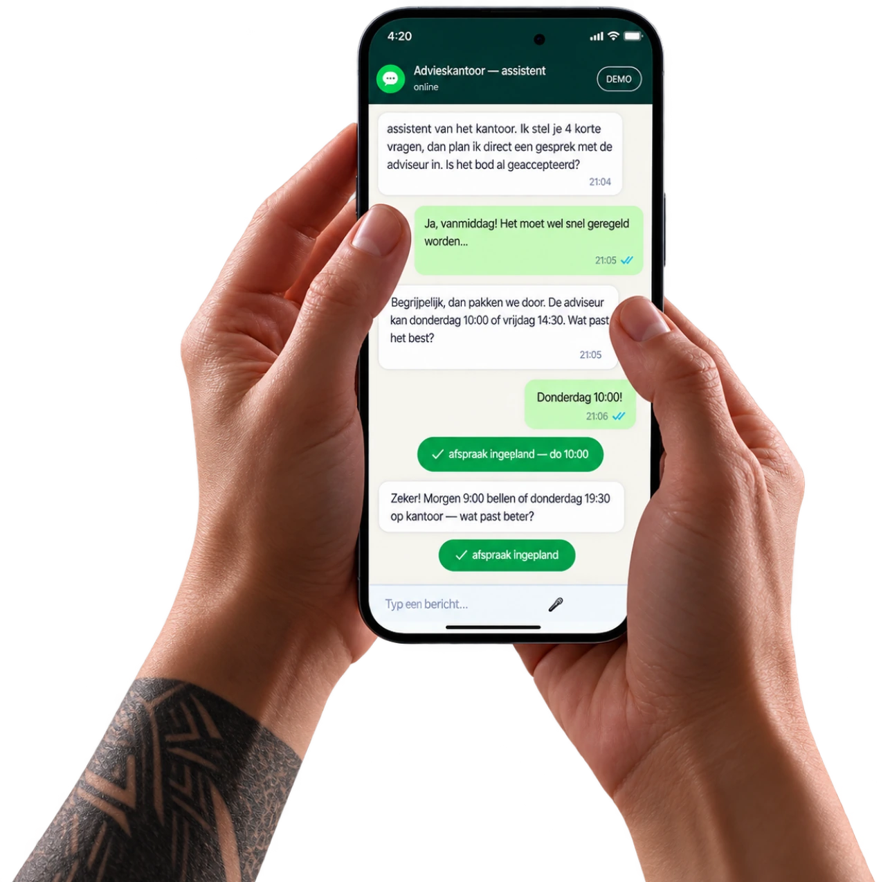 WhatsApp-gesprek waarin de assistent een lead inplant